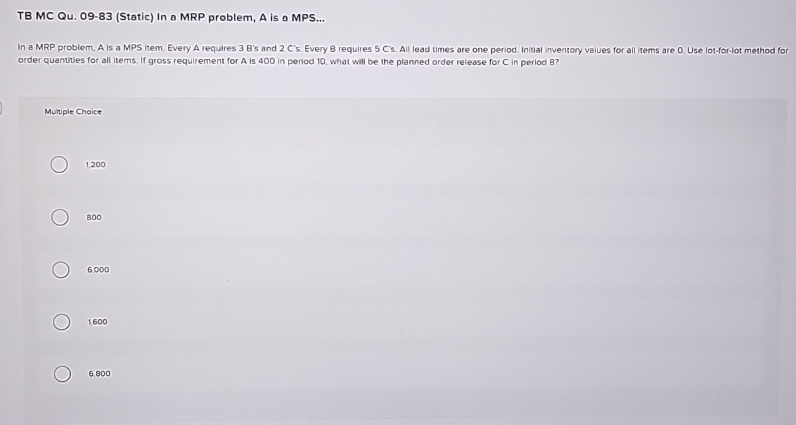  TB MC Qu.09-83(Static) In a MRP problem, A is a MPS...