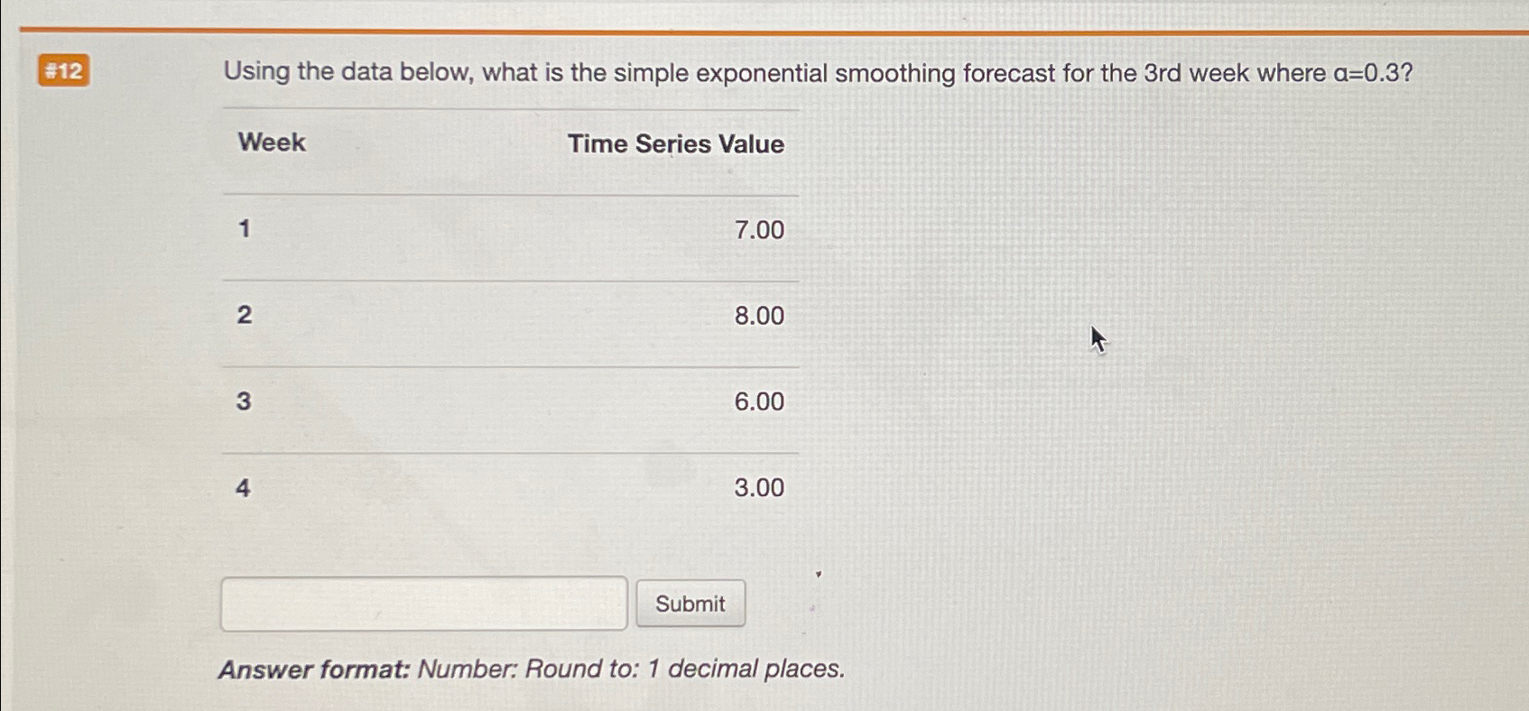  Using the data below, what is the simple exponential smoothing forecast