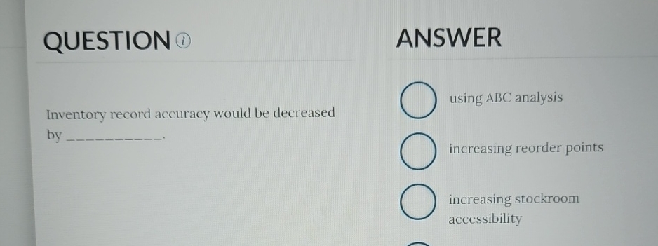  QUESTION Inventory record accuracy would be decreased by ANSWER using ABC