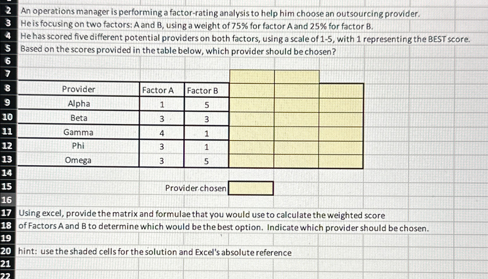  2 An operations manager is performing a factor-rating analysis to help