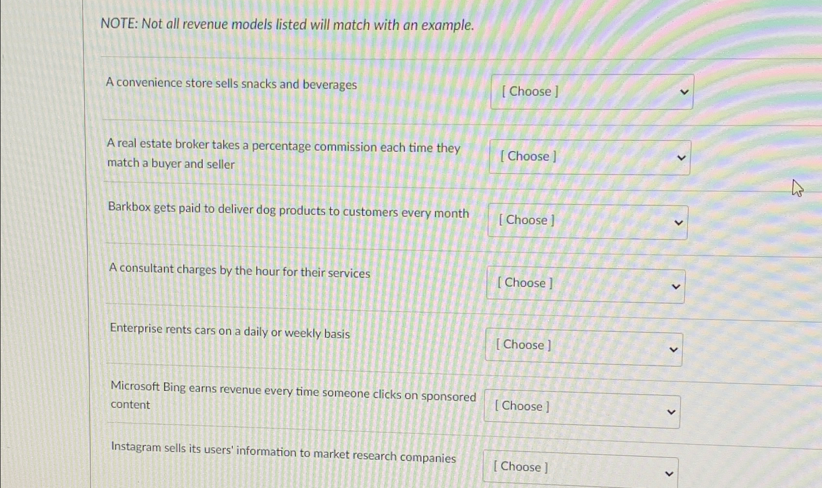  NOTE: Not all revenue models listed will match with an example.