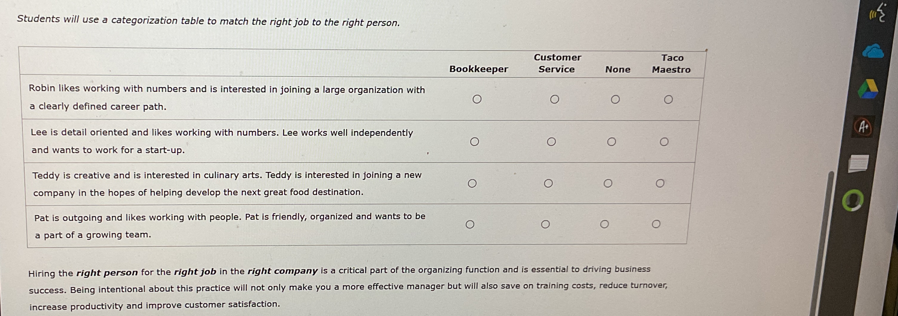  Students will use a categorization table to match the right job