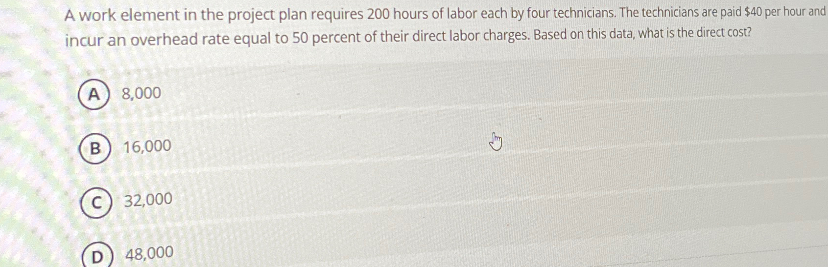  A work element in the project plan requires 200 hours of
