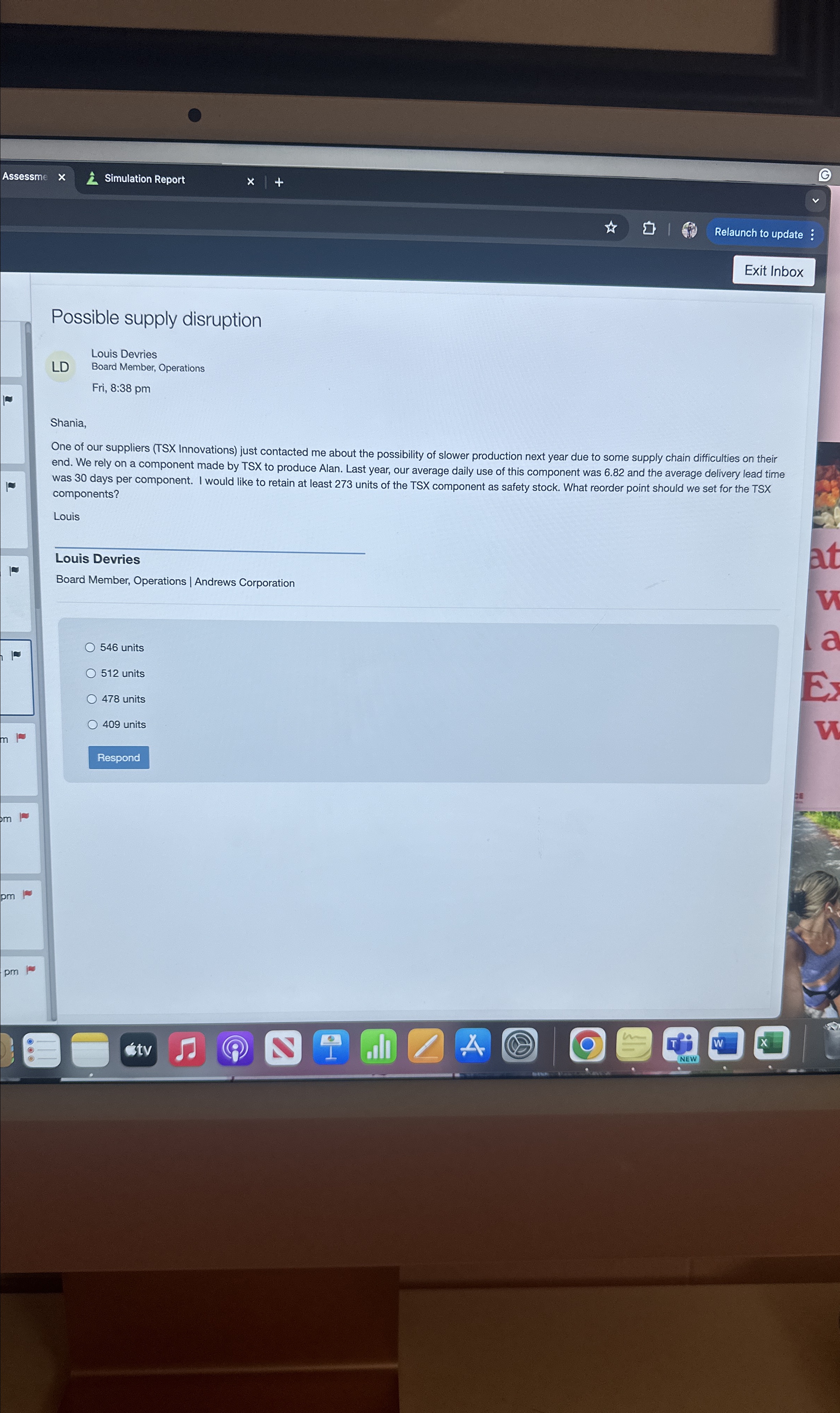  Assessm Simulation Report Relaunch to update Exit Inbox Possible supply disruption