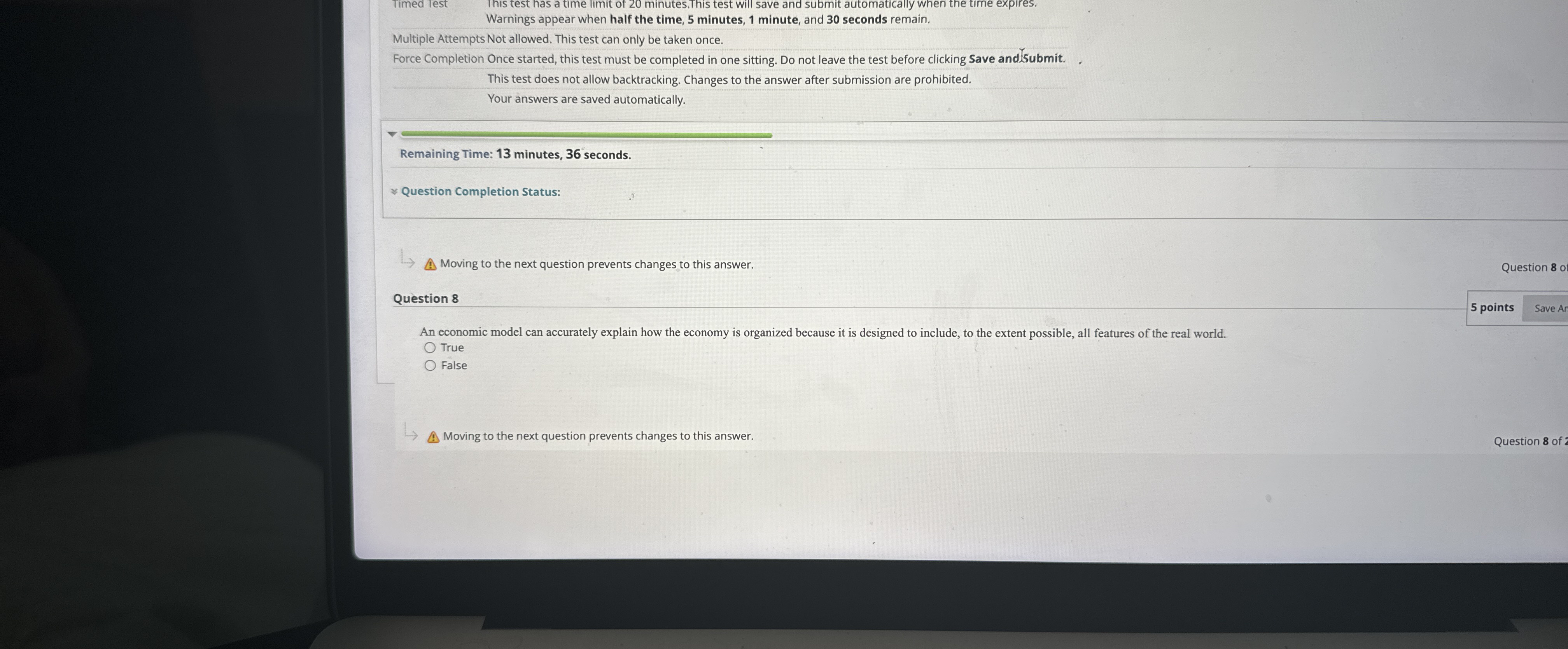  Timed Test Warnings appear when half the time, 5 minutes, 1