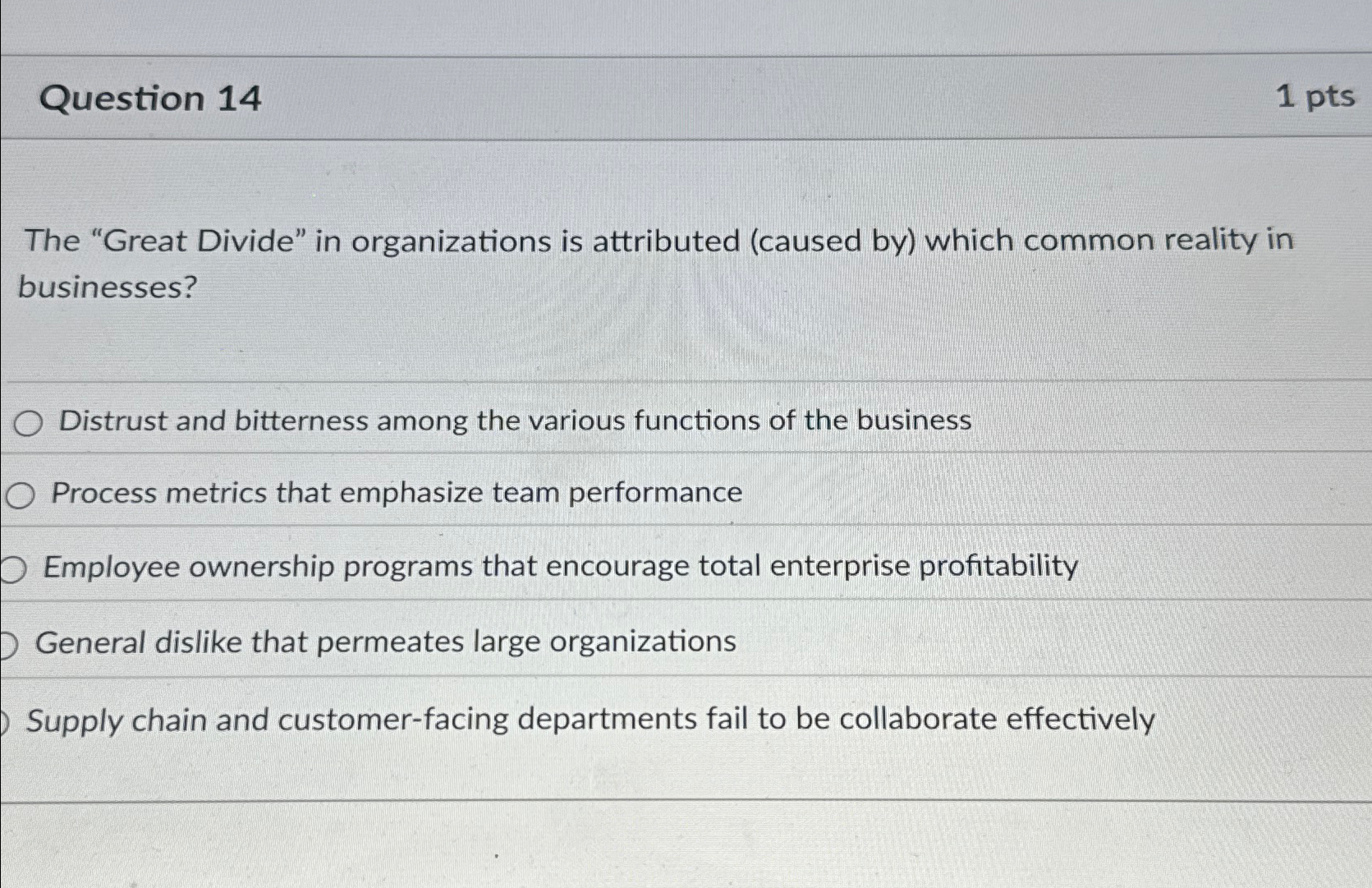  Question 14 The "Great Divide" in organizations is attributed (caused by)