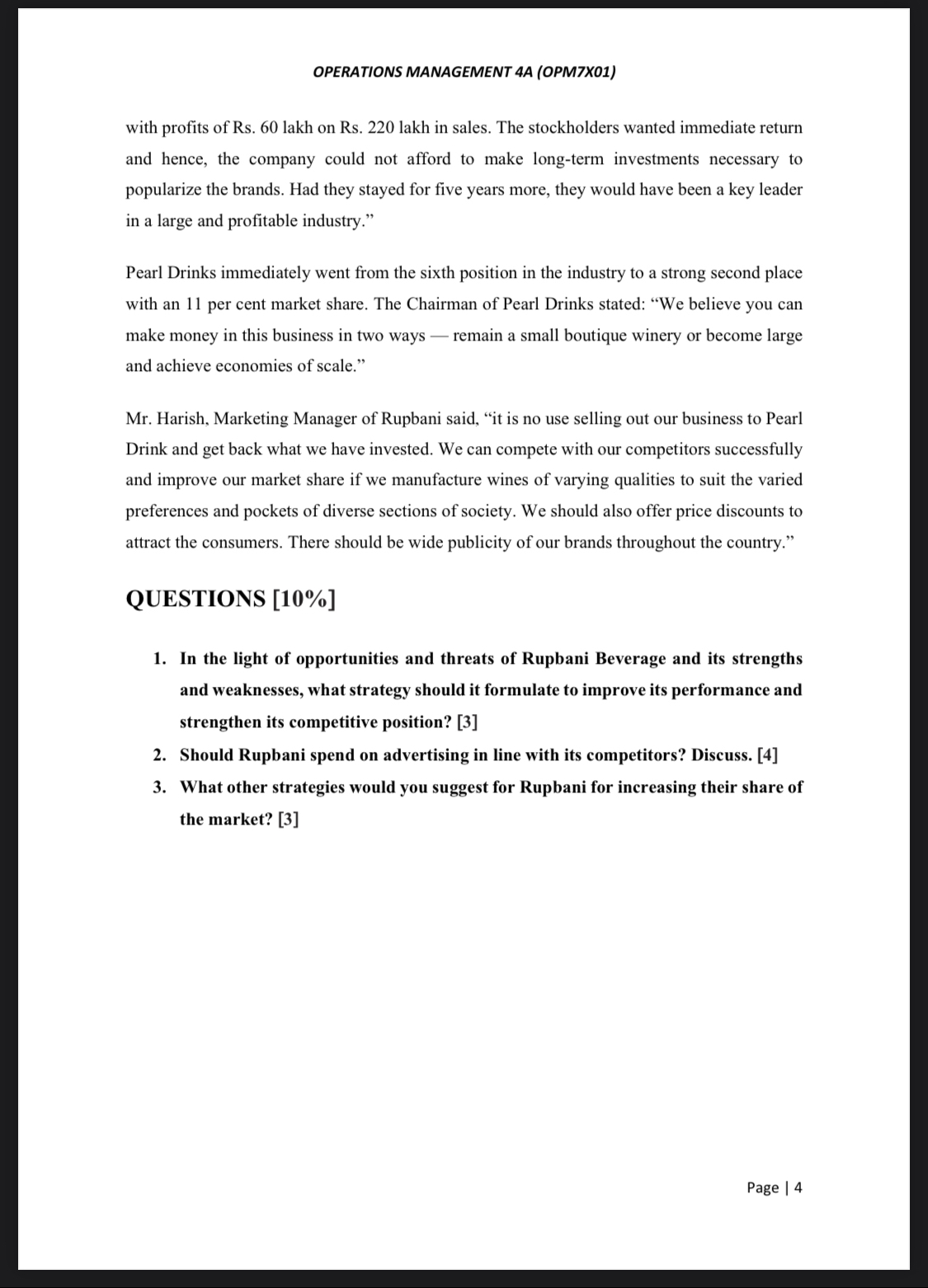  OPERATIONS MANAGEMENT 4A (OPM7X01) with profits of Rs.60 lakh on Rs.220