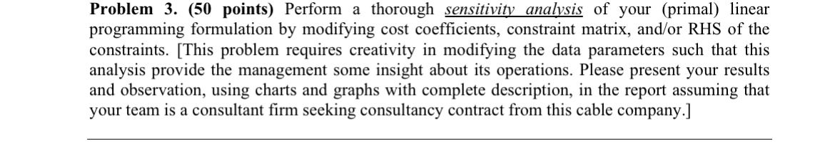  Problem 3.(50 points) Perform a thorough sensitivity analysis of your (primal)