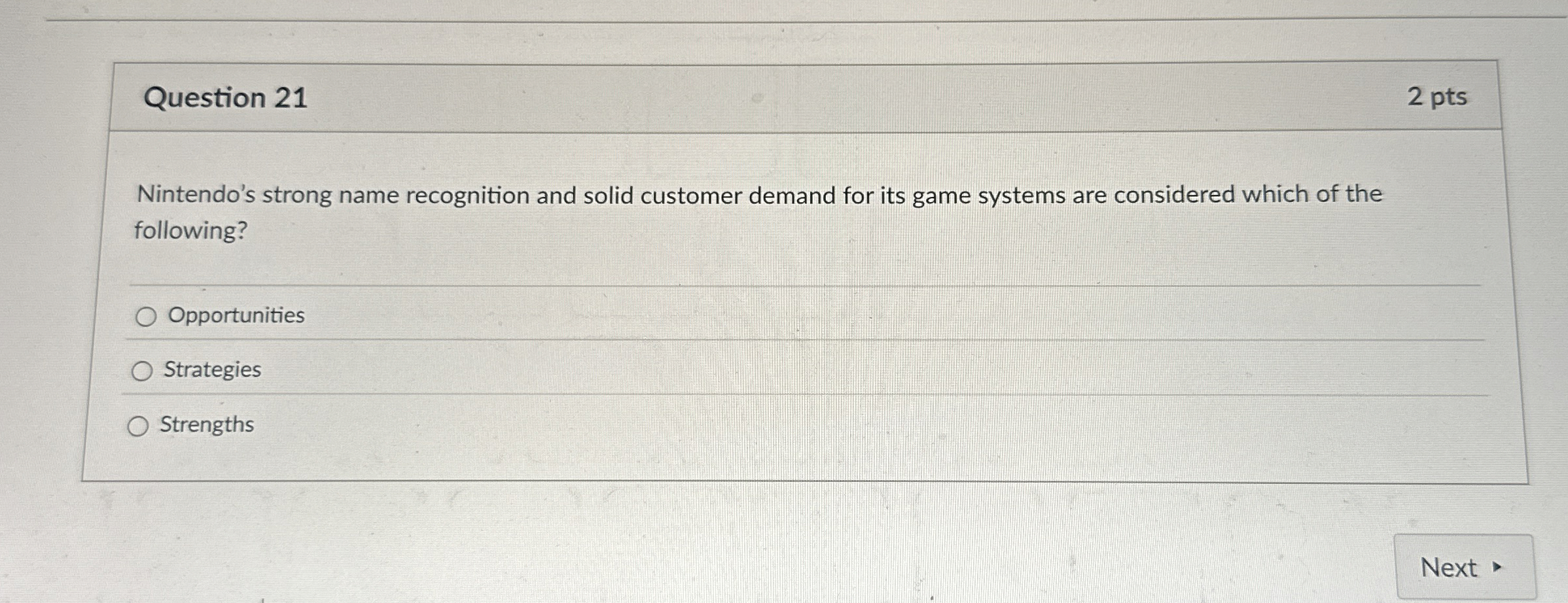  Question 21 Nintendo's strong name recognition and solid customer demand for
