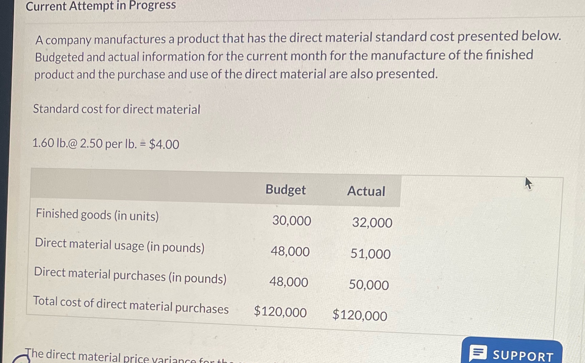 The direct material price variance for the month is? Current Attempt in
