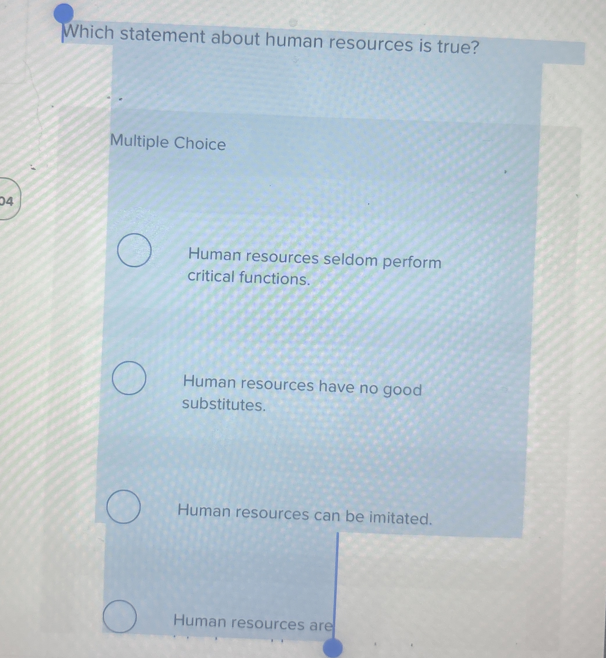  Which statement about human resources is true? Multiple Choice 04 Human