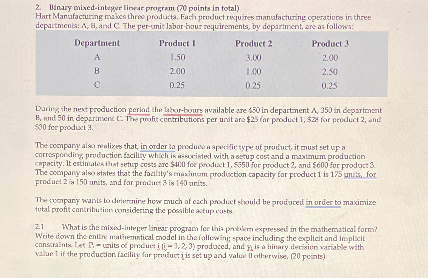  Binary mixed-integer linear program (70 points in total) Hart Manufacturing makes