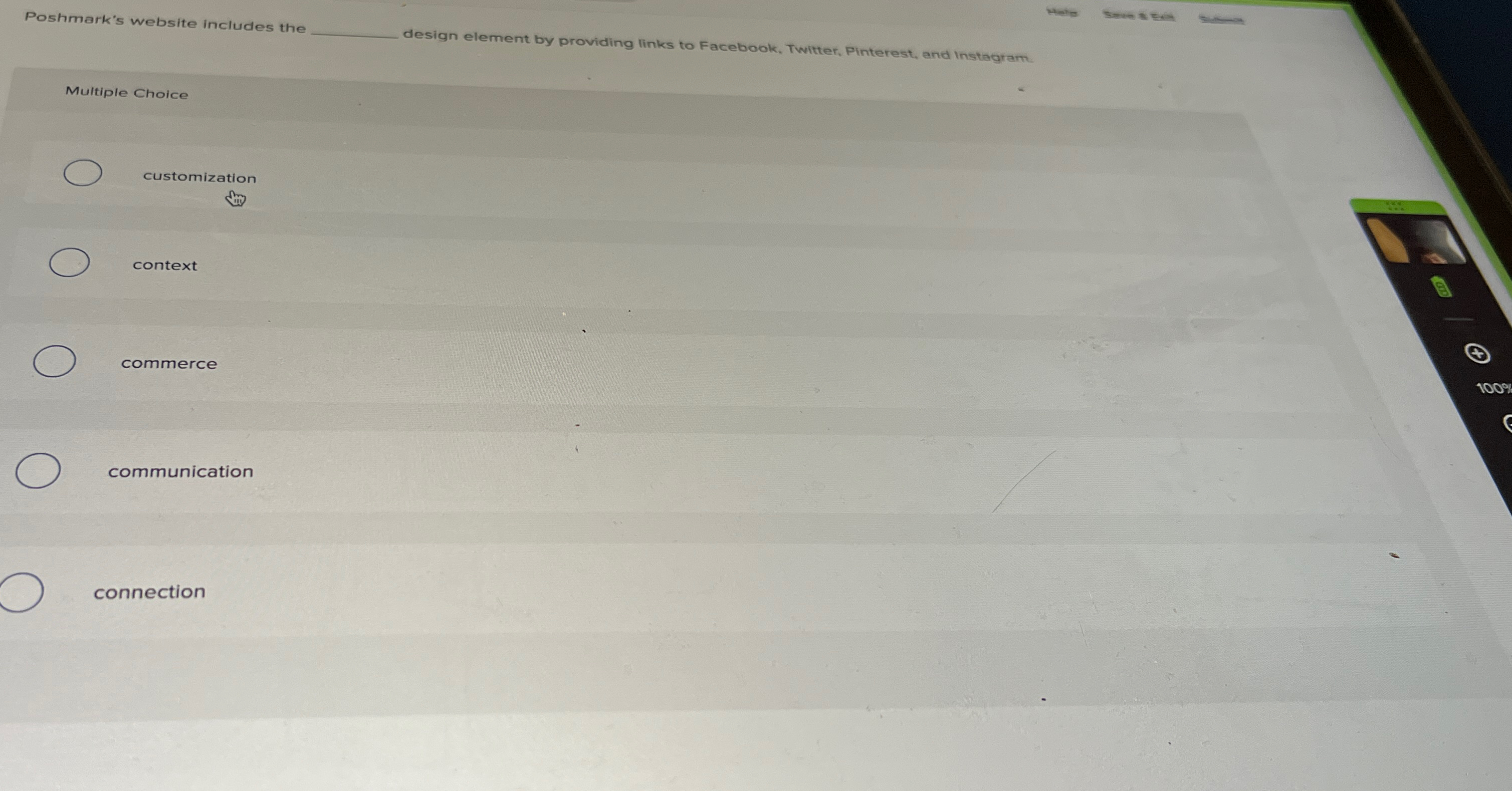  Poshmark's website includes the design element by providing links to Facebook,