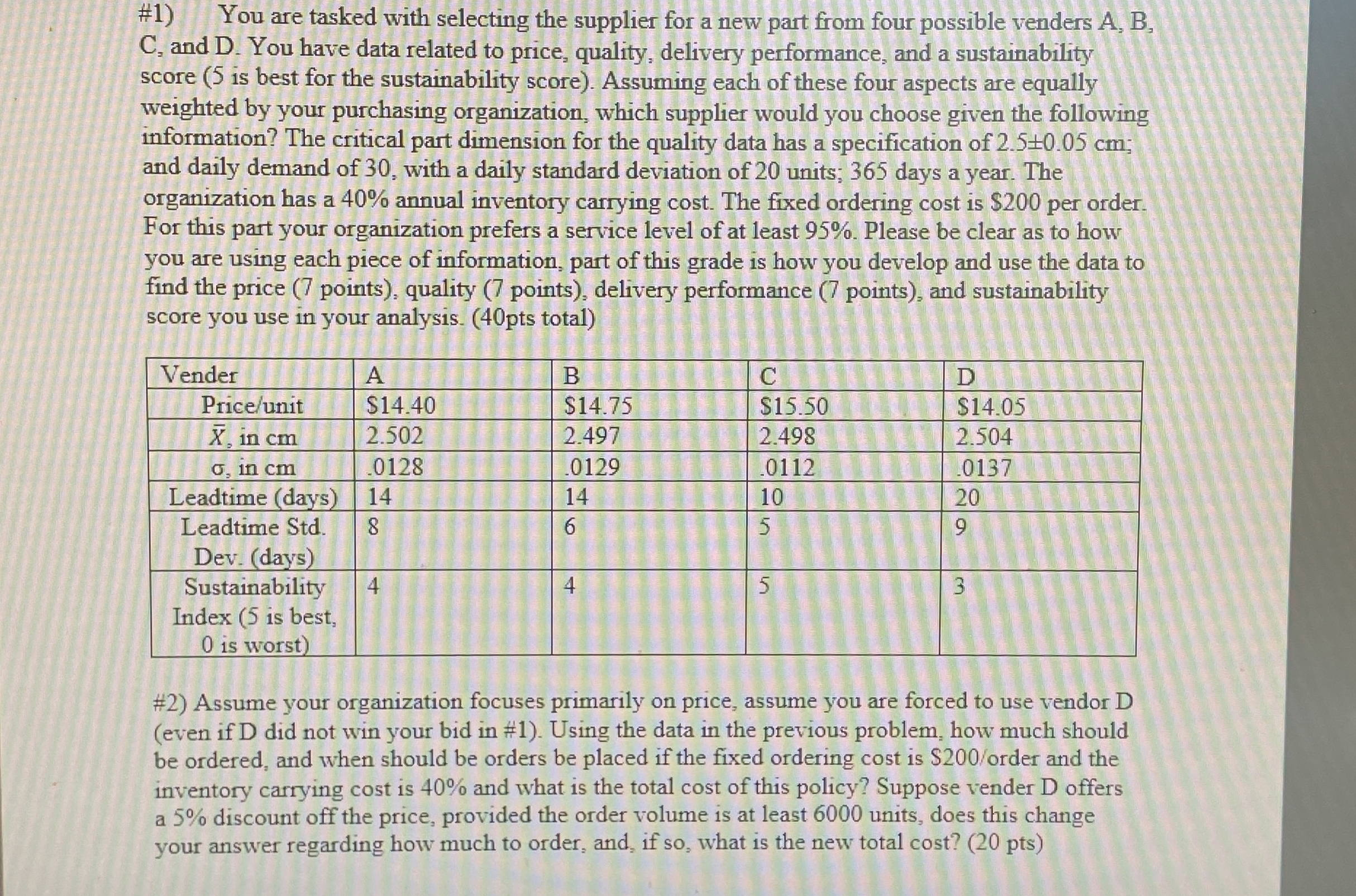  #1) You are tasked with selecting the supplier for a new