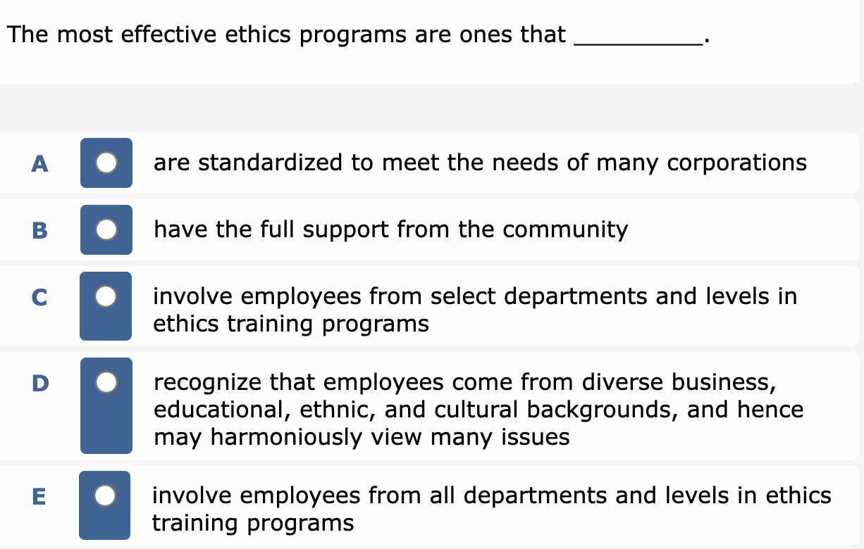  The most effective ethics programs are ones that A are standardized