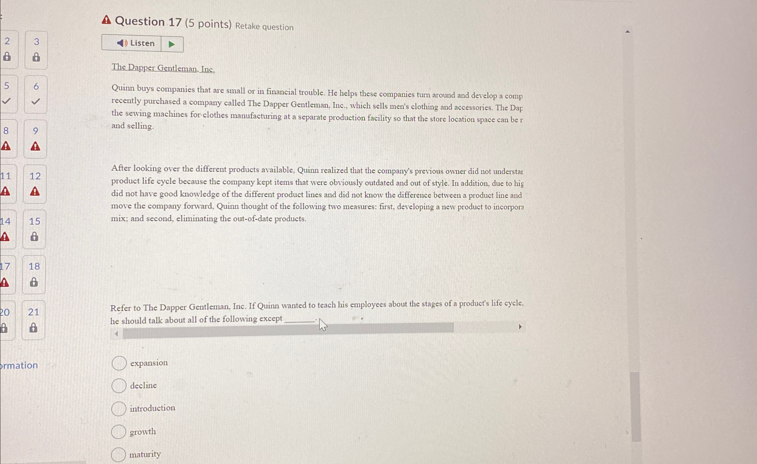  Question 17(5 points) Retake question Listen The Dapper Gentleman, Inc. Quinn