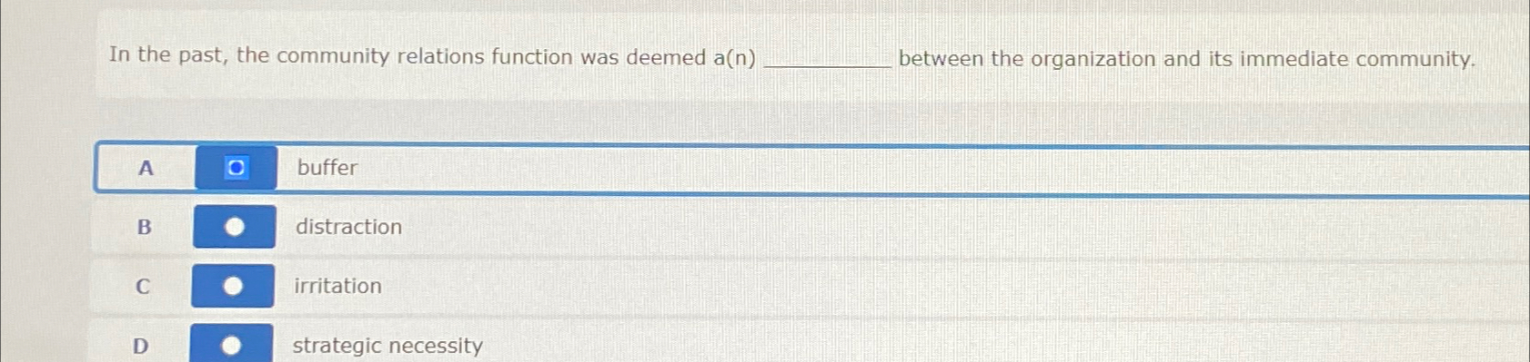  In the past, the community relations function was deemed a(n) between