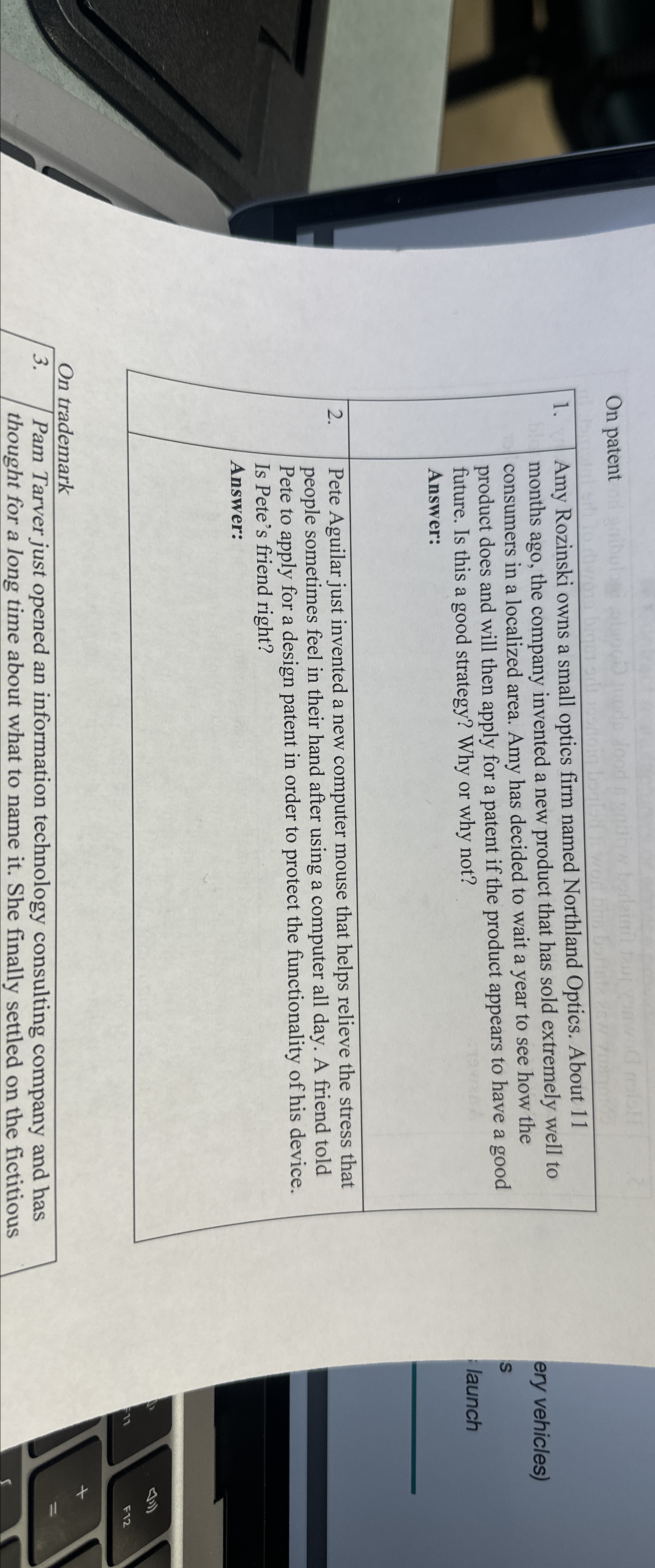  On patent \table[[1.,\table[[Amy Rozinski owns a small optics firm named Northland