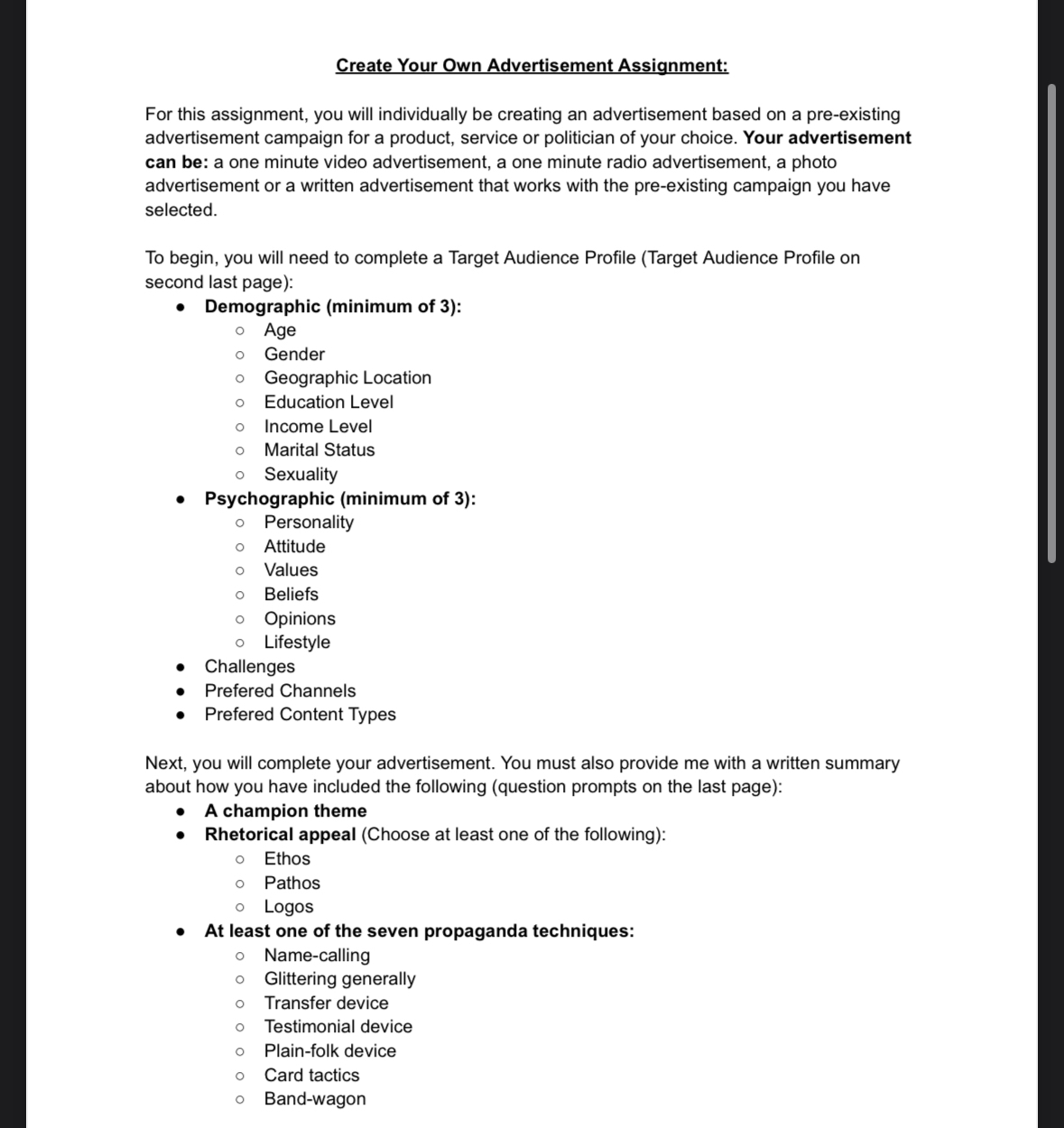  Create Your Own Advertisement Assignment: For this assignment, you will individually