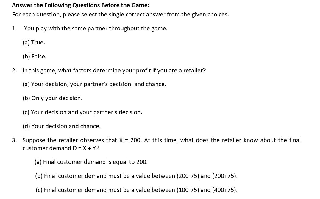 Answer the Following Questions Before the Game: For each question, please