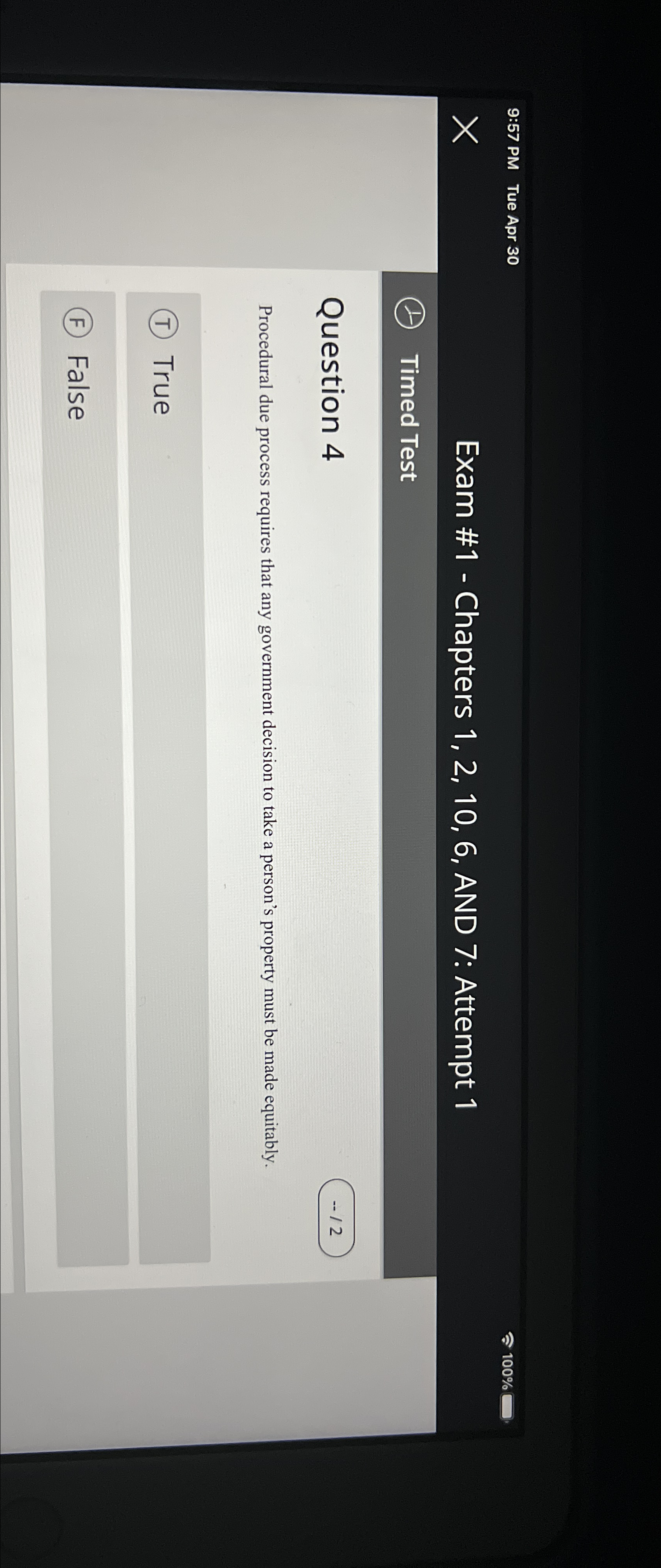  Exam #1- Chapters 1,2,10,6, AND 7: Attempt 1 Timed Test Question