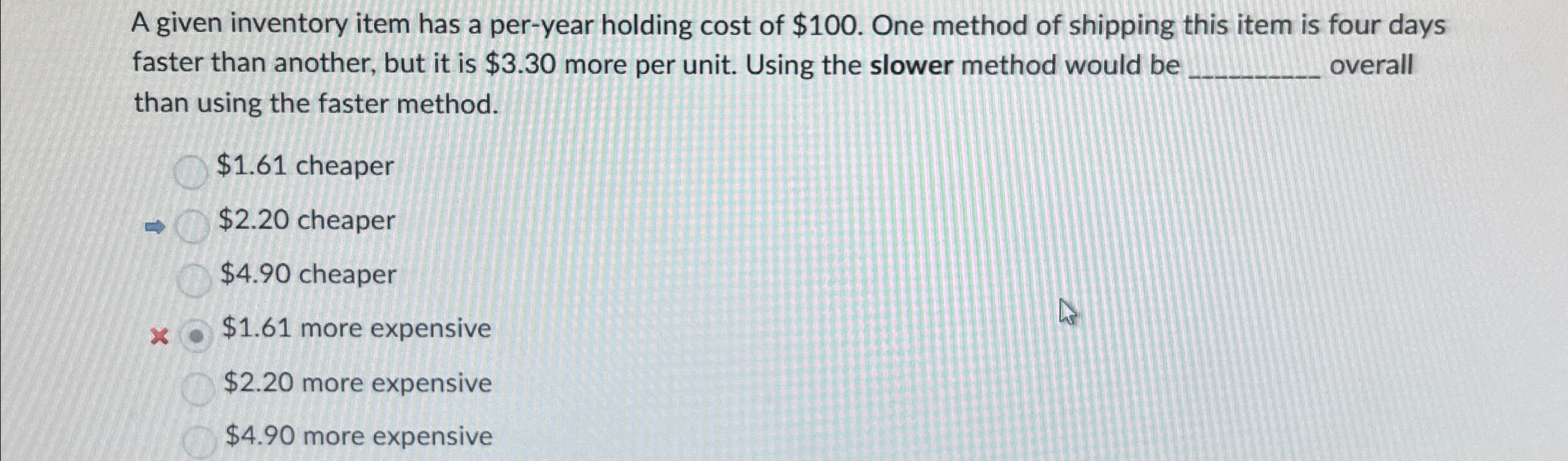  A given inventory item has a per-year holding cost of $100.