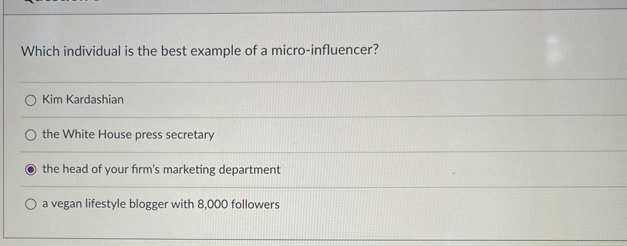  Which individual is the best example of a micro-influencer? Kim Kardashian