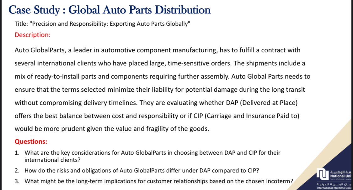  Case Study : Global Auto Parts Distribution Title: "Precision and Responsibility: