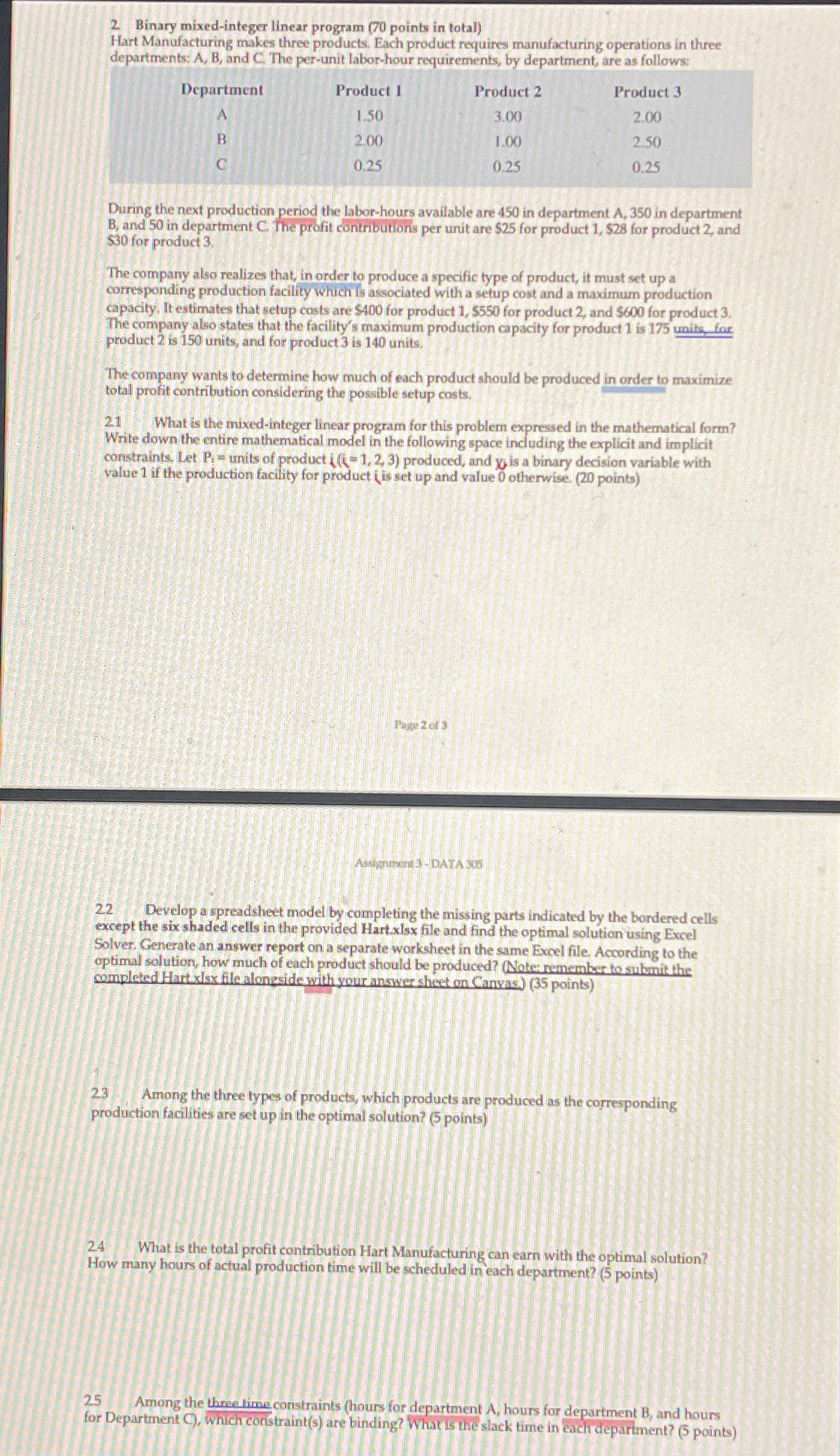  2 Binary mixed-integer linear program (70 points in total) Hart Manufacturing