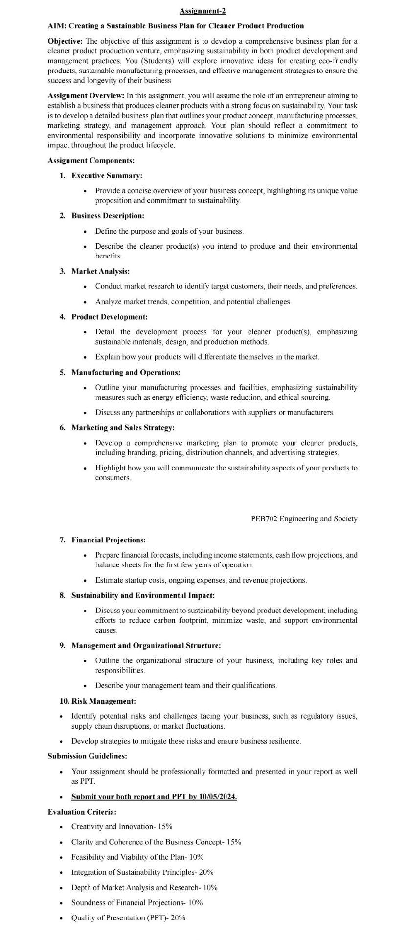  Assignment-2 AIM: Creating a Sustainable Business Plan for Cleaner Product Production