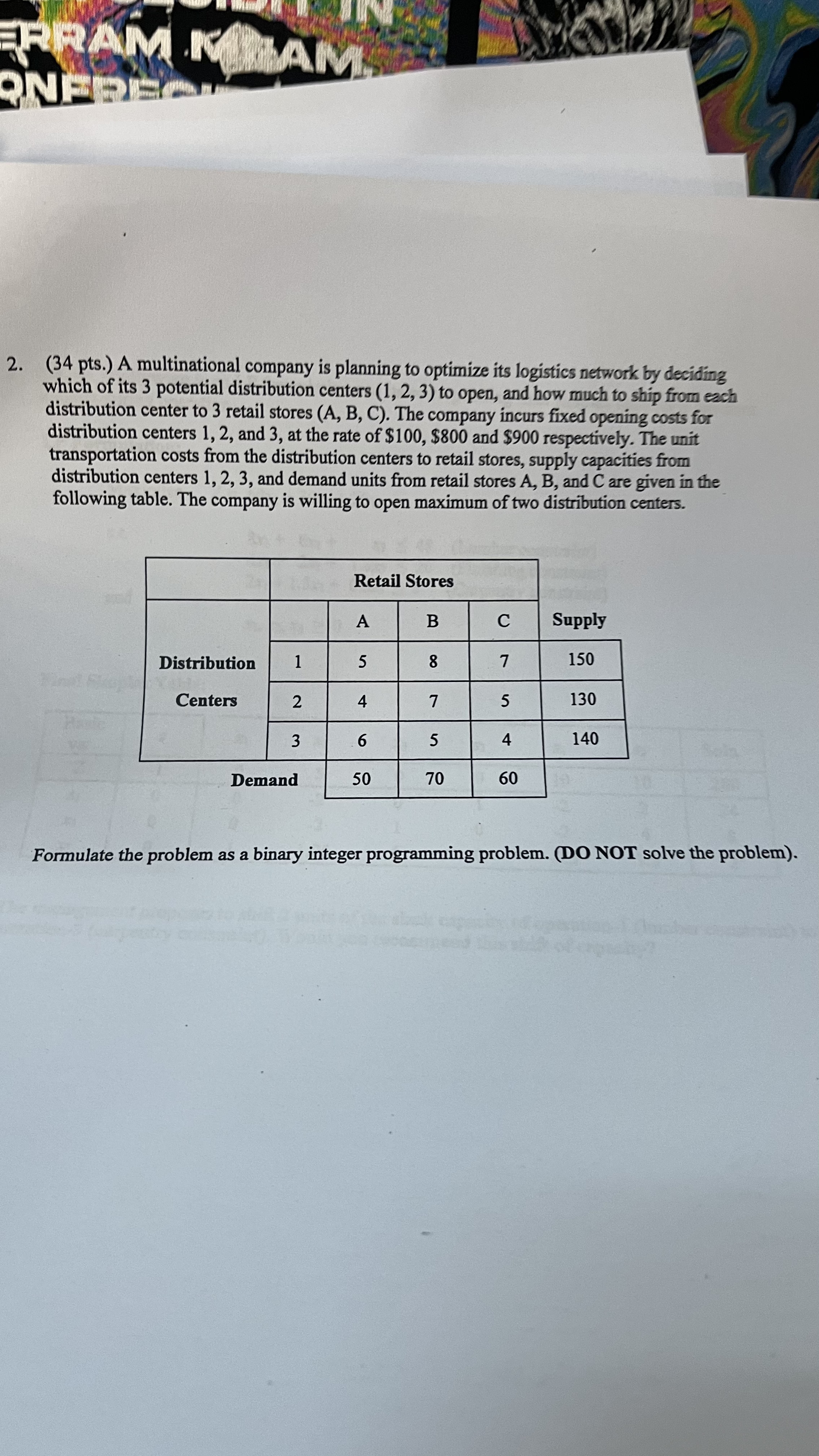  (34 pts.) A multinational company is planning to optimize its logistics