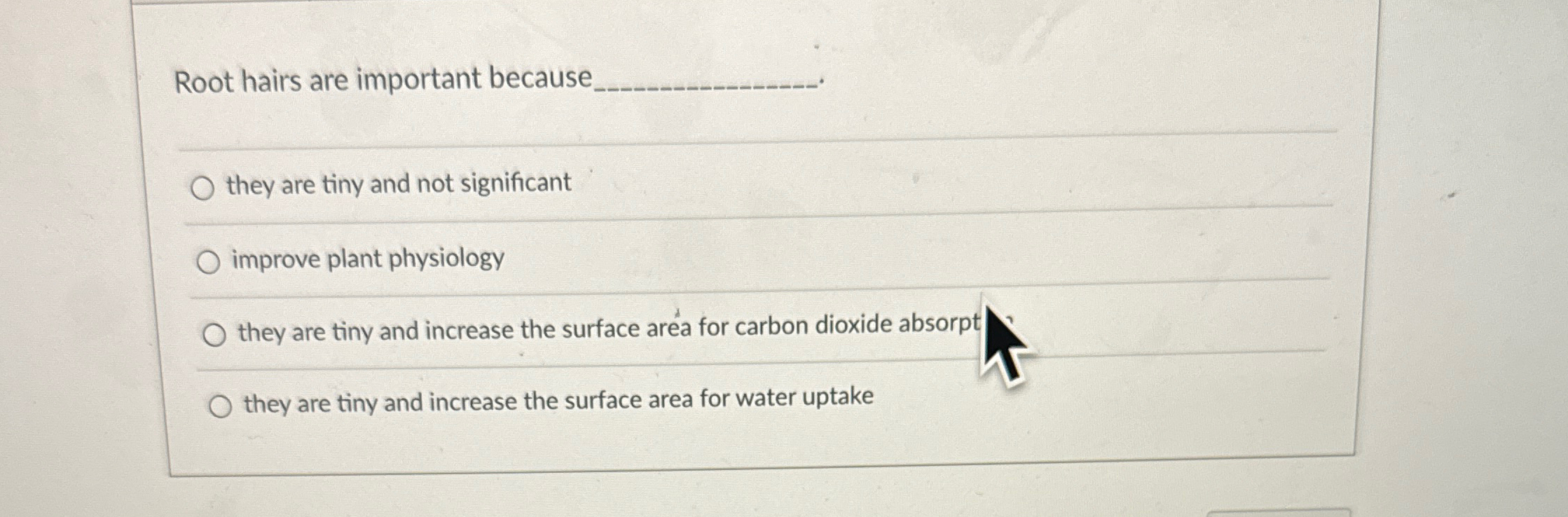  Root hairs are important because q, they are tiny and not