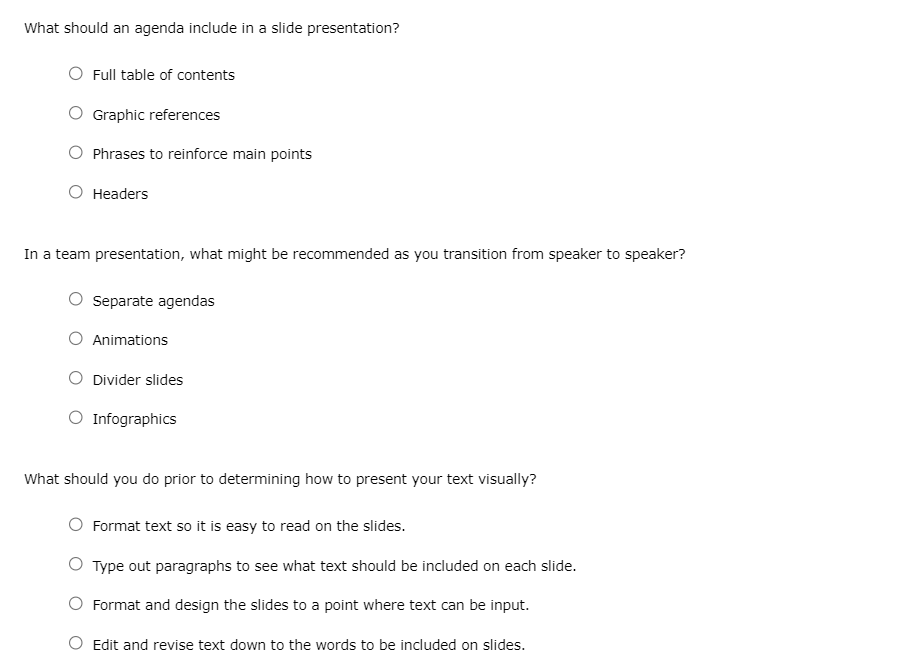  What should an agenda include in a slide presentation? Full table
