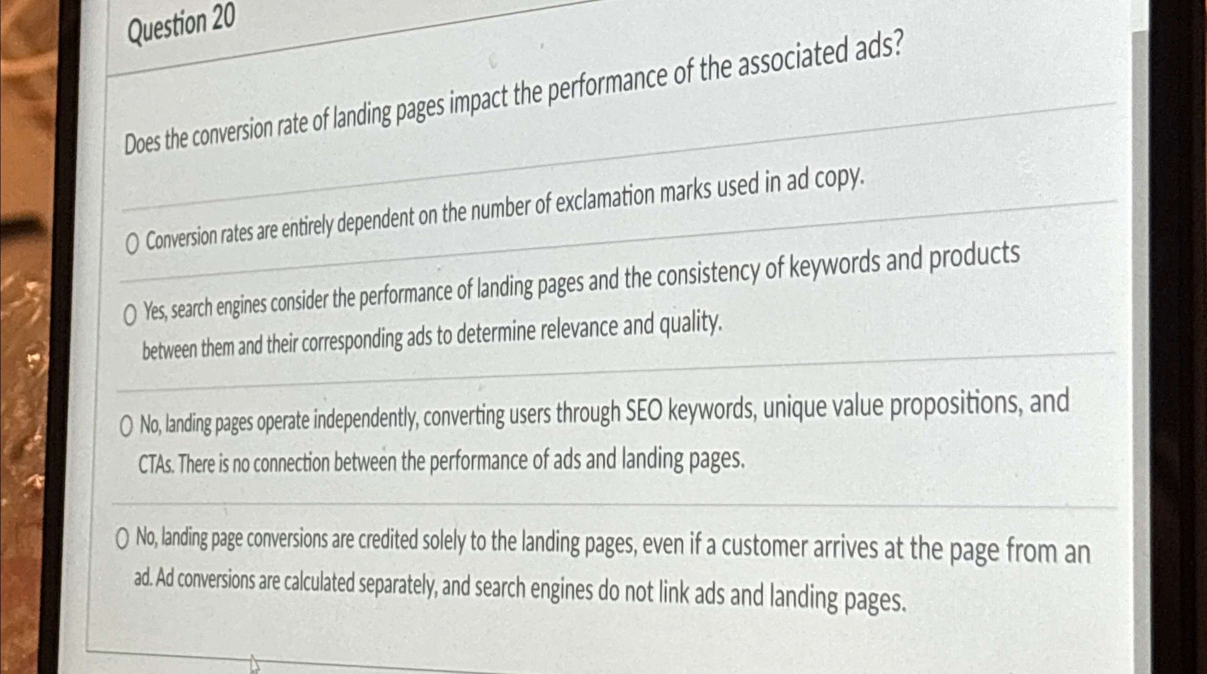  Question 20 Does the conversion rate of landing pages impact the