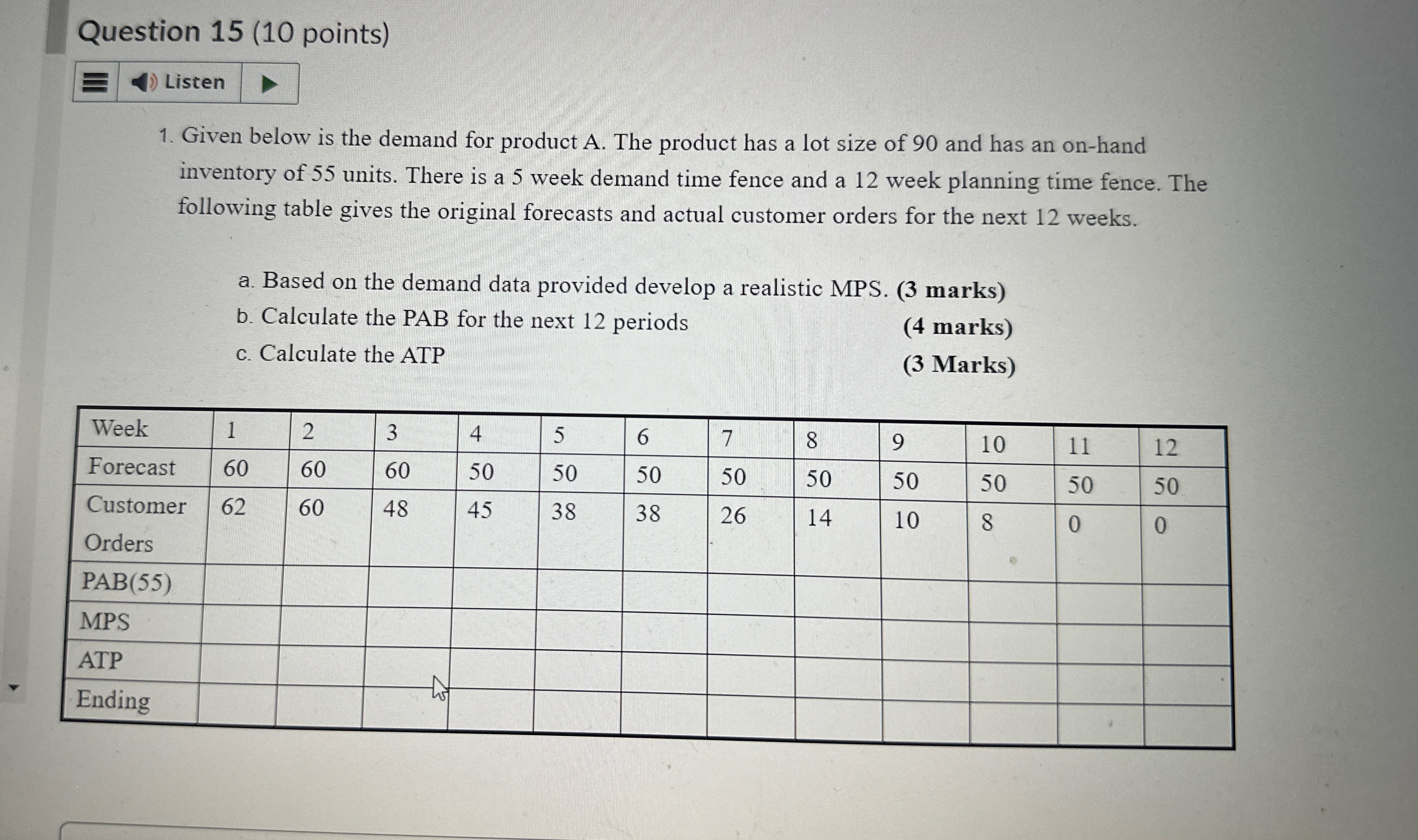  Question 15(10 points) Given below is the demand for product A.