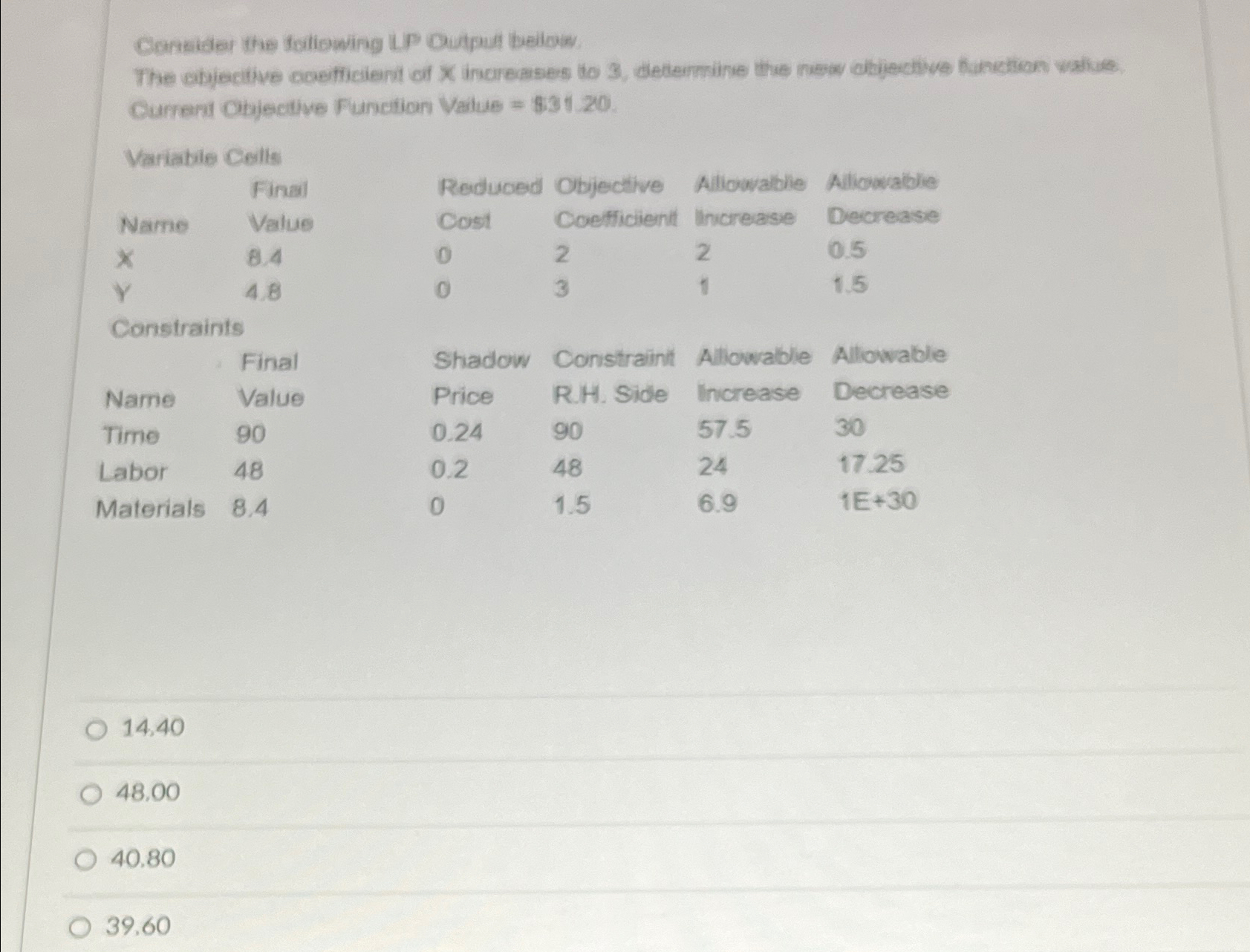  Censider the toliowing LIP Outpul beilow. Current Chjective Function Value =$31.20.