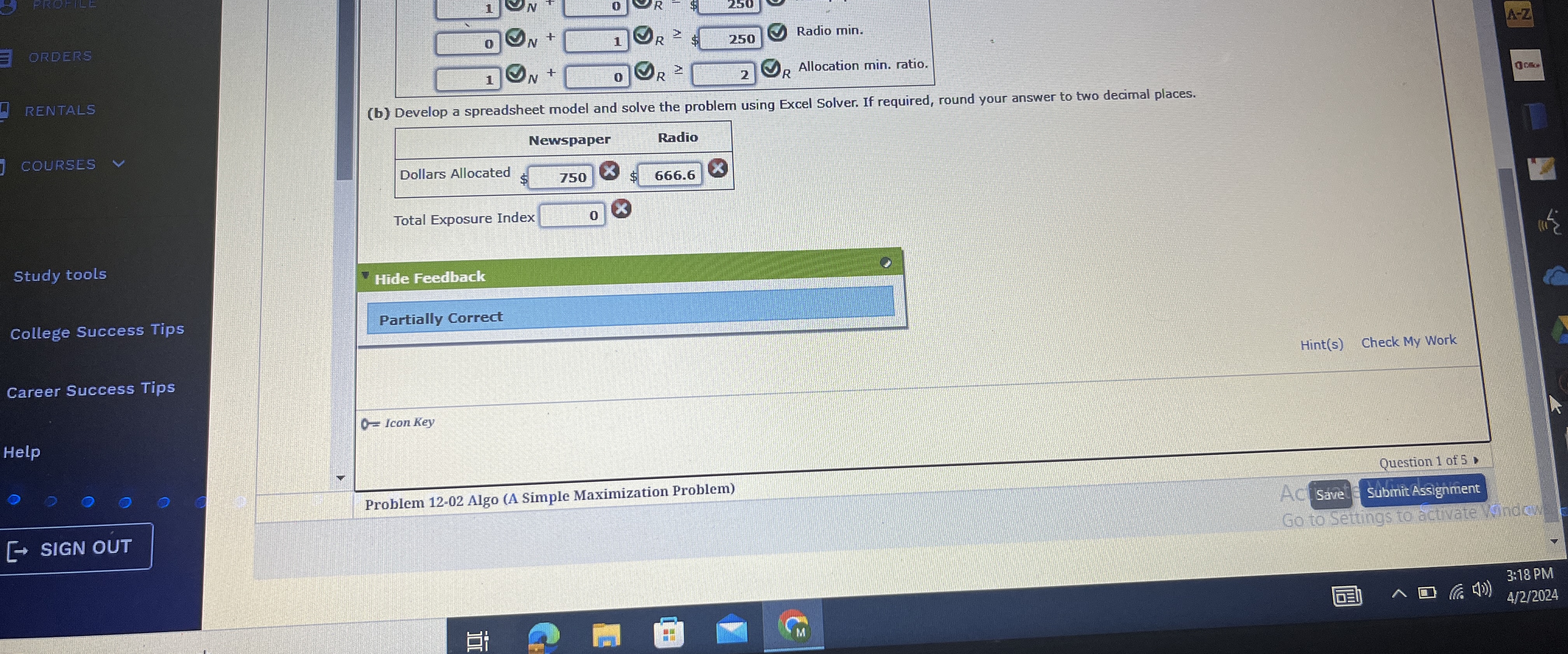  ORDERS RENTALS (b) Develop a spreadsheet model and solve the problem