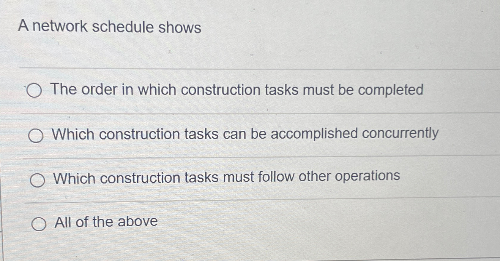  A network schedule shows The order in which construction tasks must