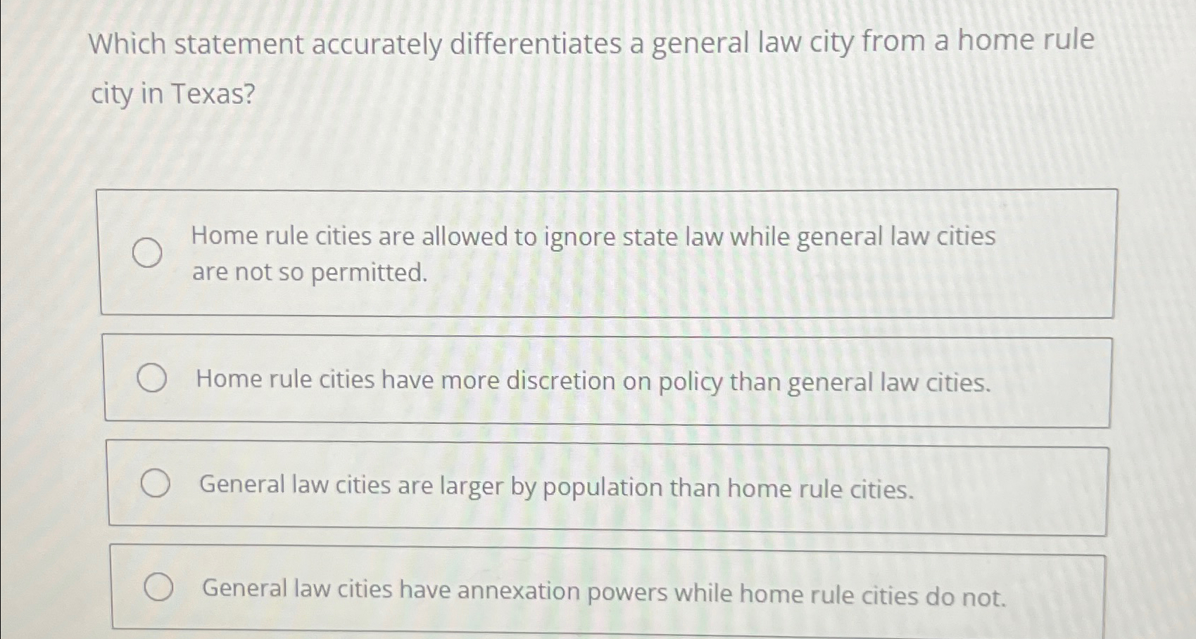  Which statement accurately differentiates a general law city from a home