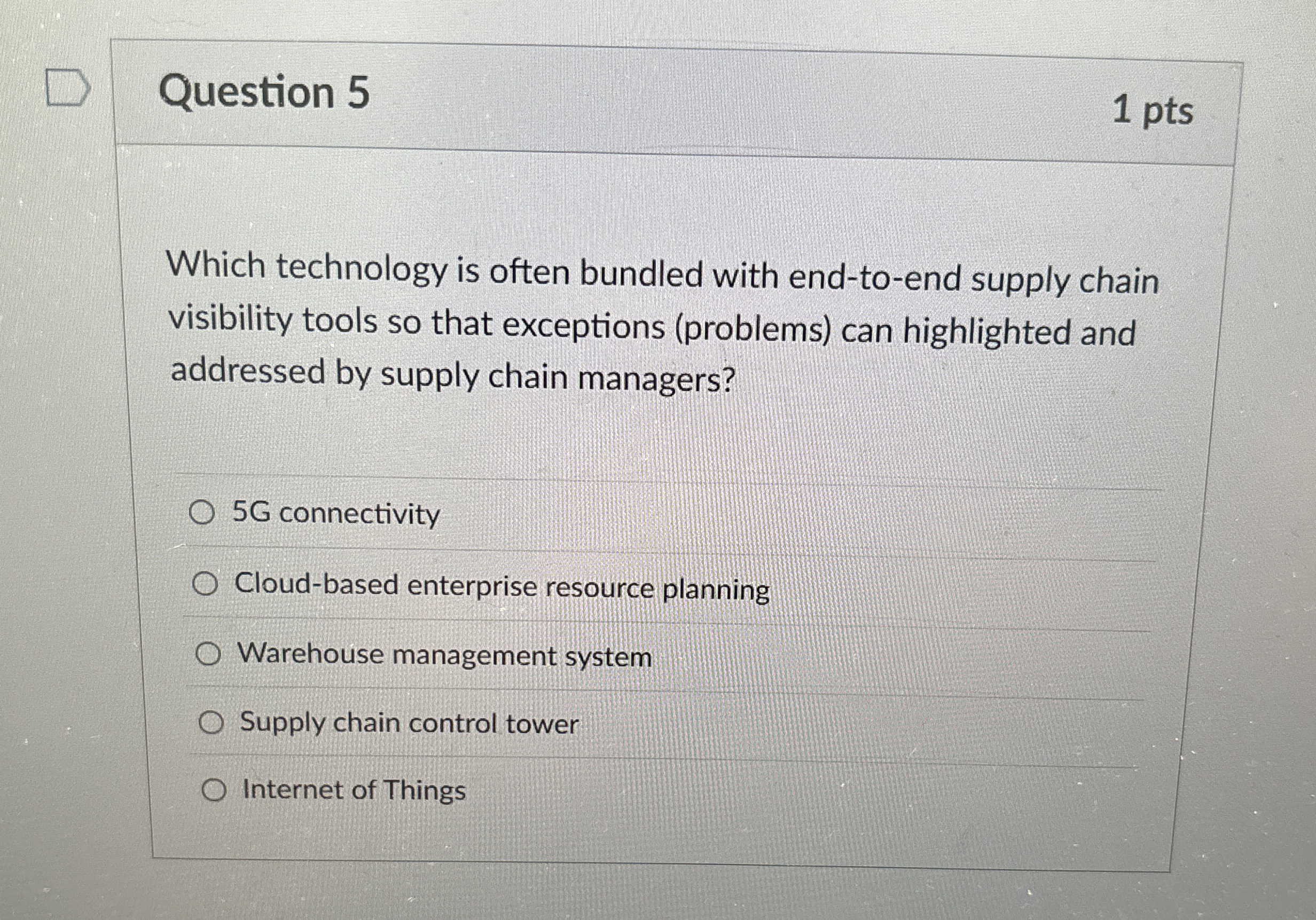  Question 5 Which technology is often bundled with end-to-end supply chain