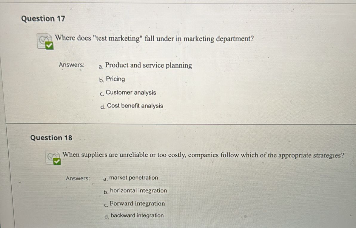  Question 17 Where does "test marketing" fall under in marketing department?