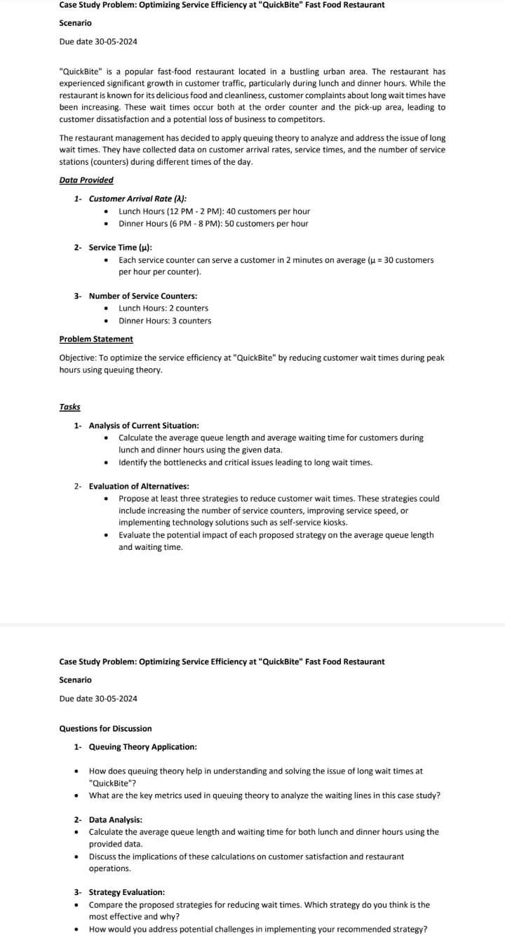  Case Study Problem: Optimizing Service Efficiency at "QuickBite" Fast Food Restaurant
