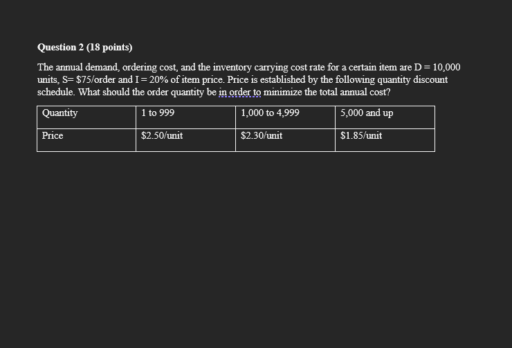  Question 2(18 points) The annual demand, ordering cost, and the inventory