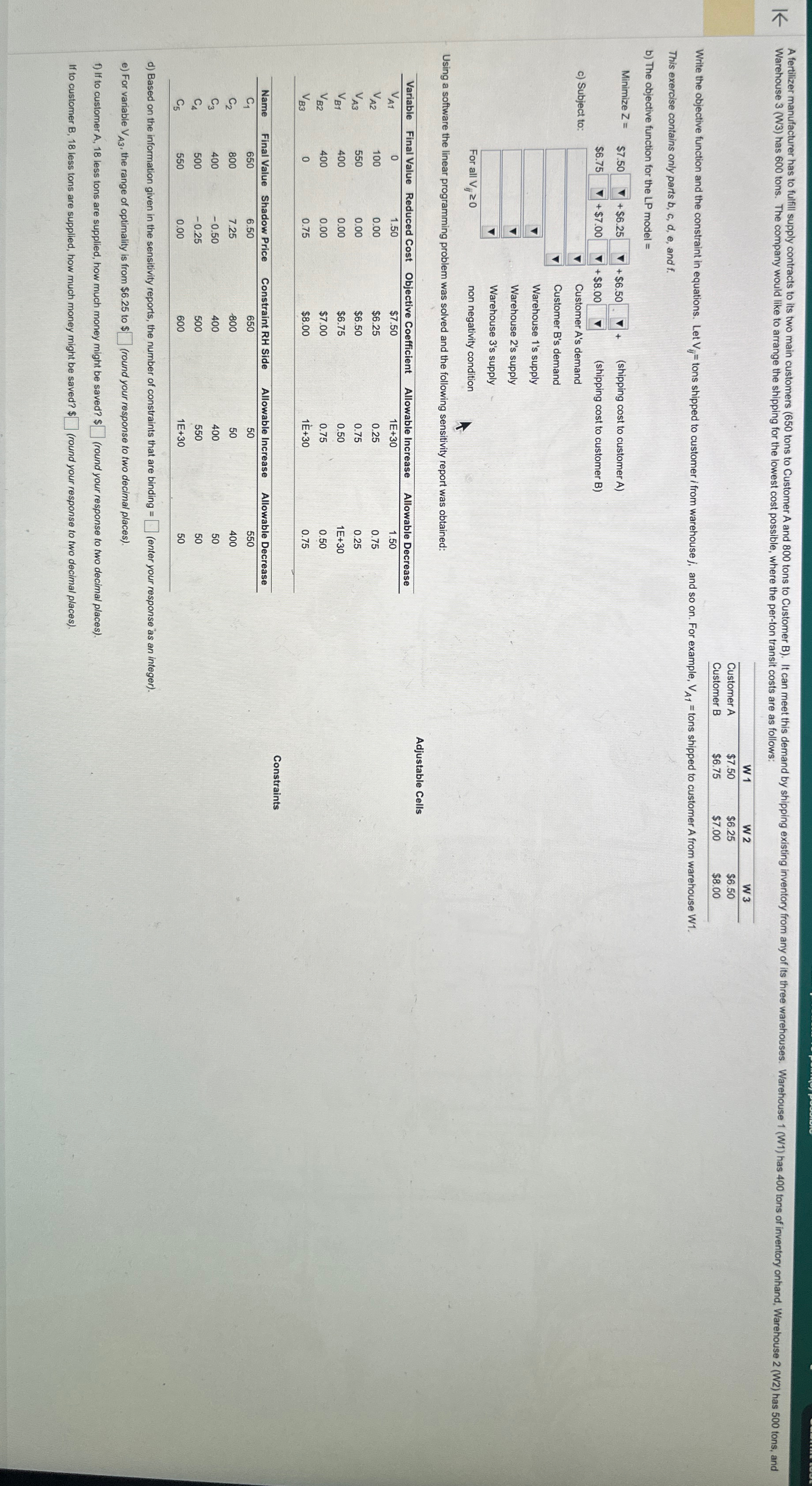  Warehouse 3(W3) has 600 tons. The company would like to arrange
