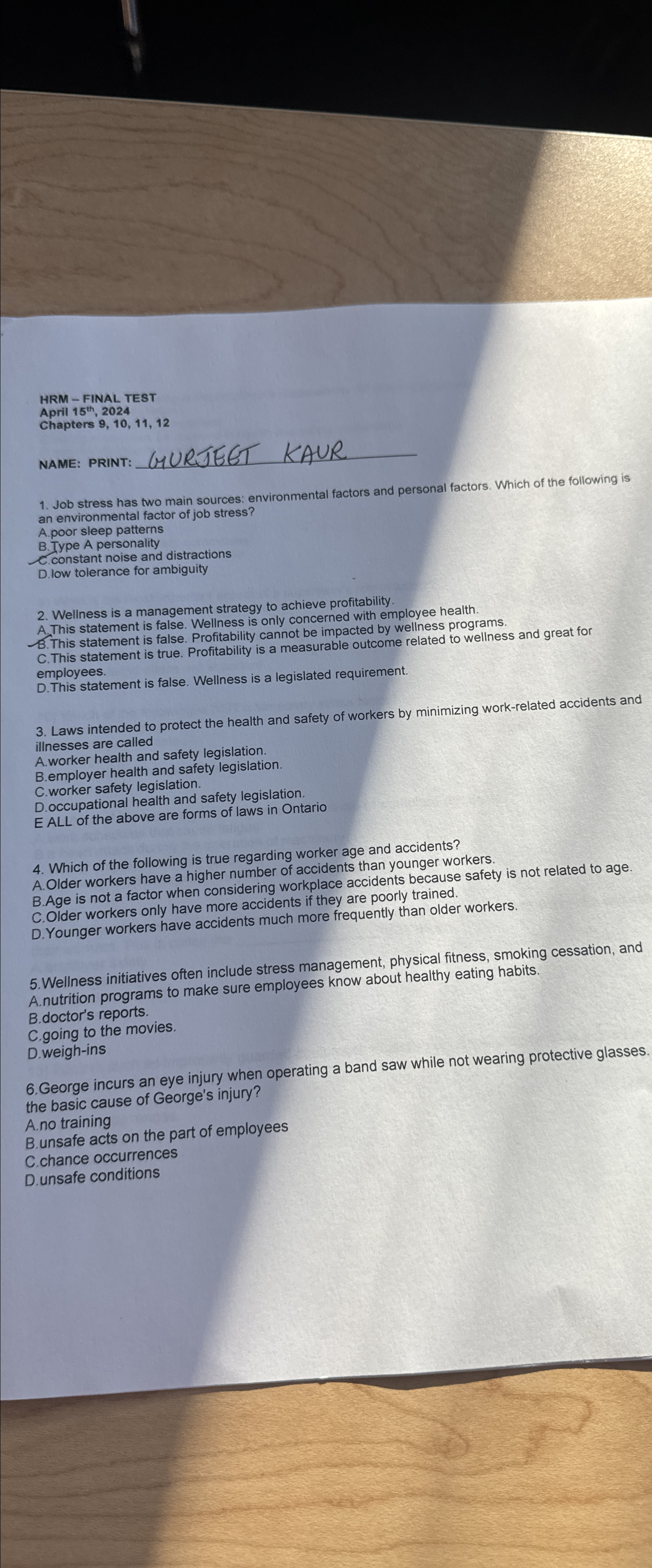  HRM - FINAL TEST April 15th,2024 Chapters 9,10,11,12 Name: PRINT: GURJTEGT