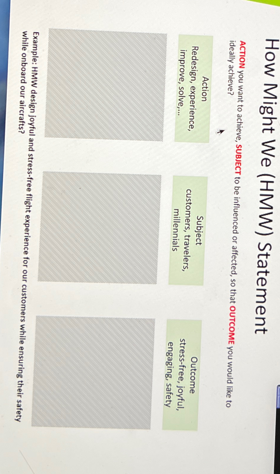  How Might We (HMW) Statement ACTION you want to achieve, SUBJECT