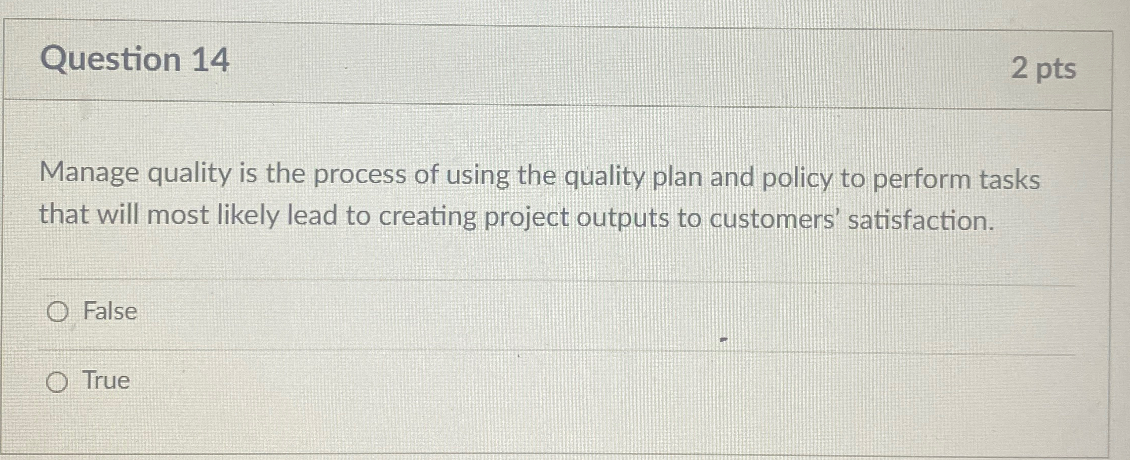  Question 14 2 pts Manage quality is the process of using