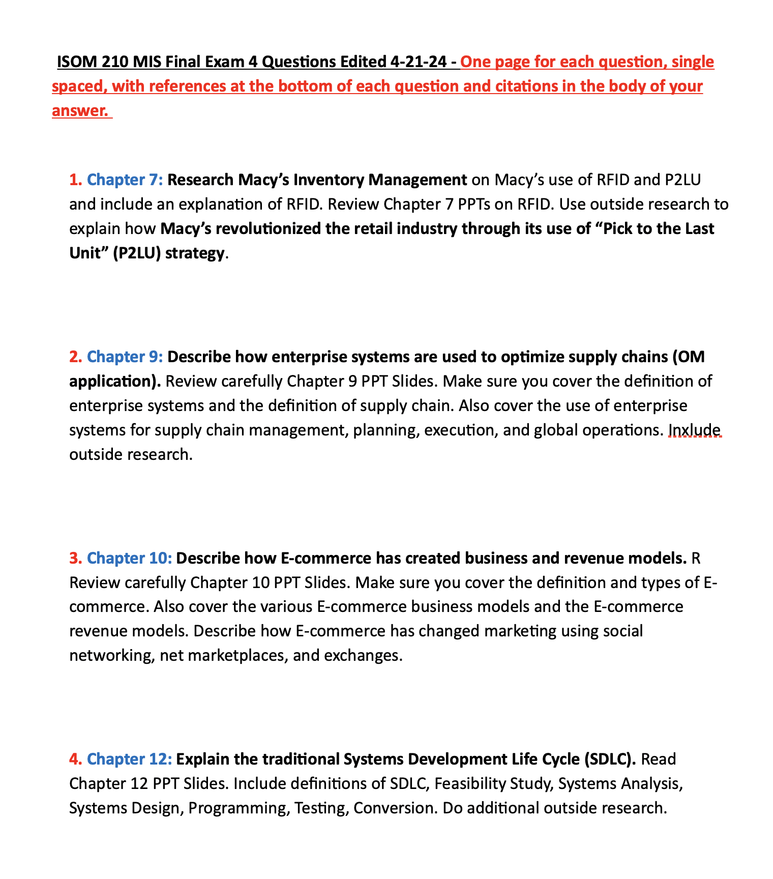  ISOM 210 MIS Final Exam 4 Questions Edited 4-21-24- One page