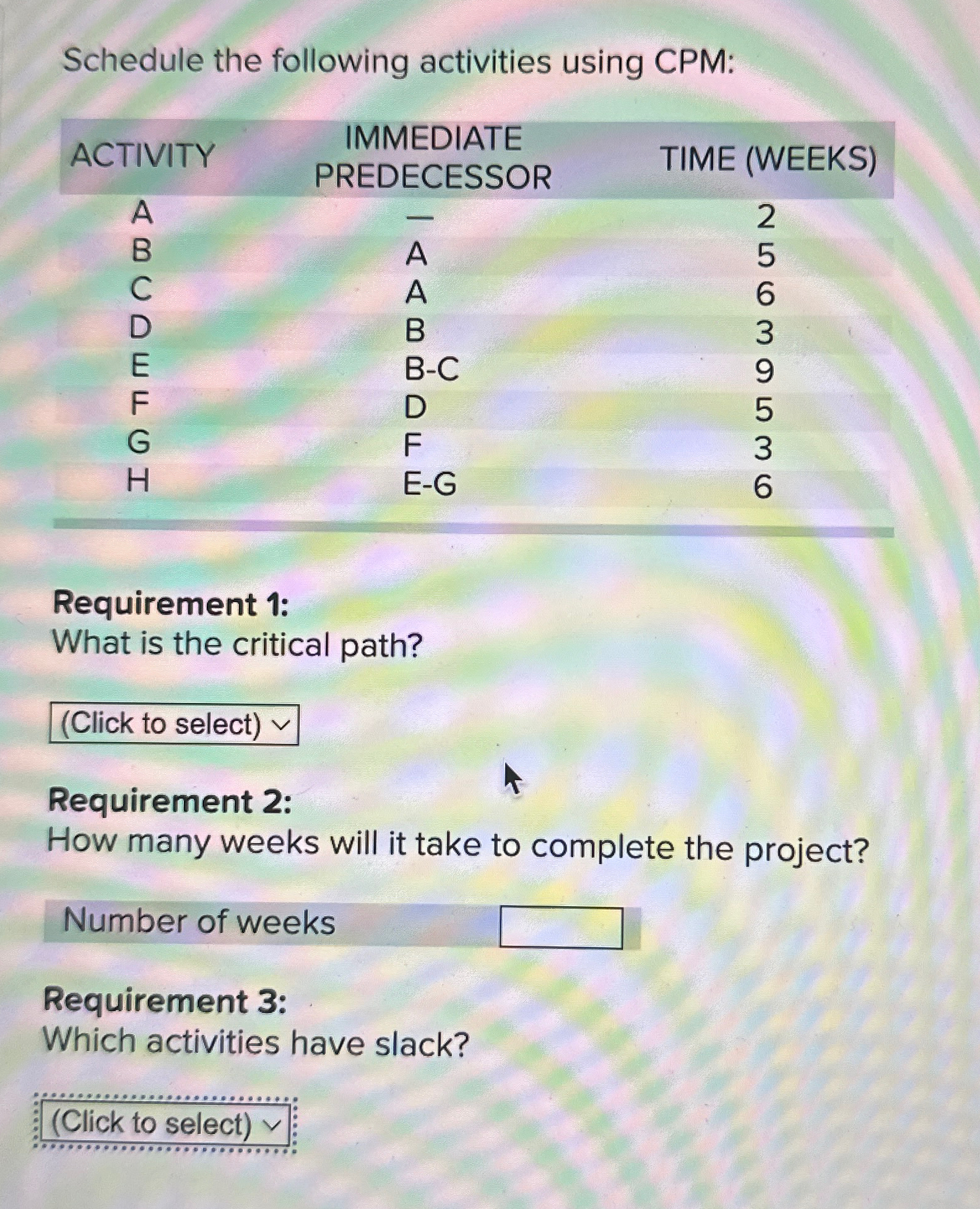  Schedule the following activities using CPM: \table[[ACTIVITY,IMMEDIATE,TIME (WEEKS)],[A,PREDECESSOR,2],[B,-,5],[C,A,6],[D,A,3],[E,B,9],[F,B-C,5],[G,D,3],[H,F,6]] Requirement 1: What