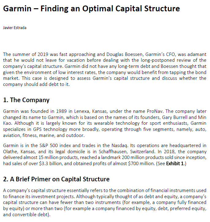 Garmin - Finding an Optimal Capital Structure Javier Estrada The summer